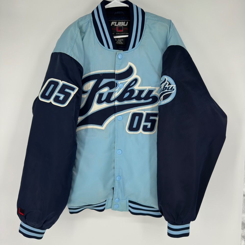 Vintage Y2K FUBU 05 Varsity Jacket Mens XL Blue Embroidered Streetwear Bomber
